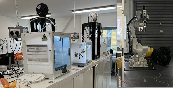 two images merged, the left shows a work bench with three 3D printers, the right shows a 2 metre high robot arm